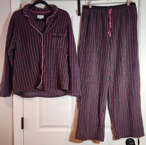 DKNY Pink And Gray Striped Warm Fleece Pajama Pant Set L